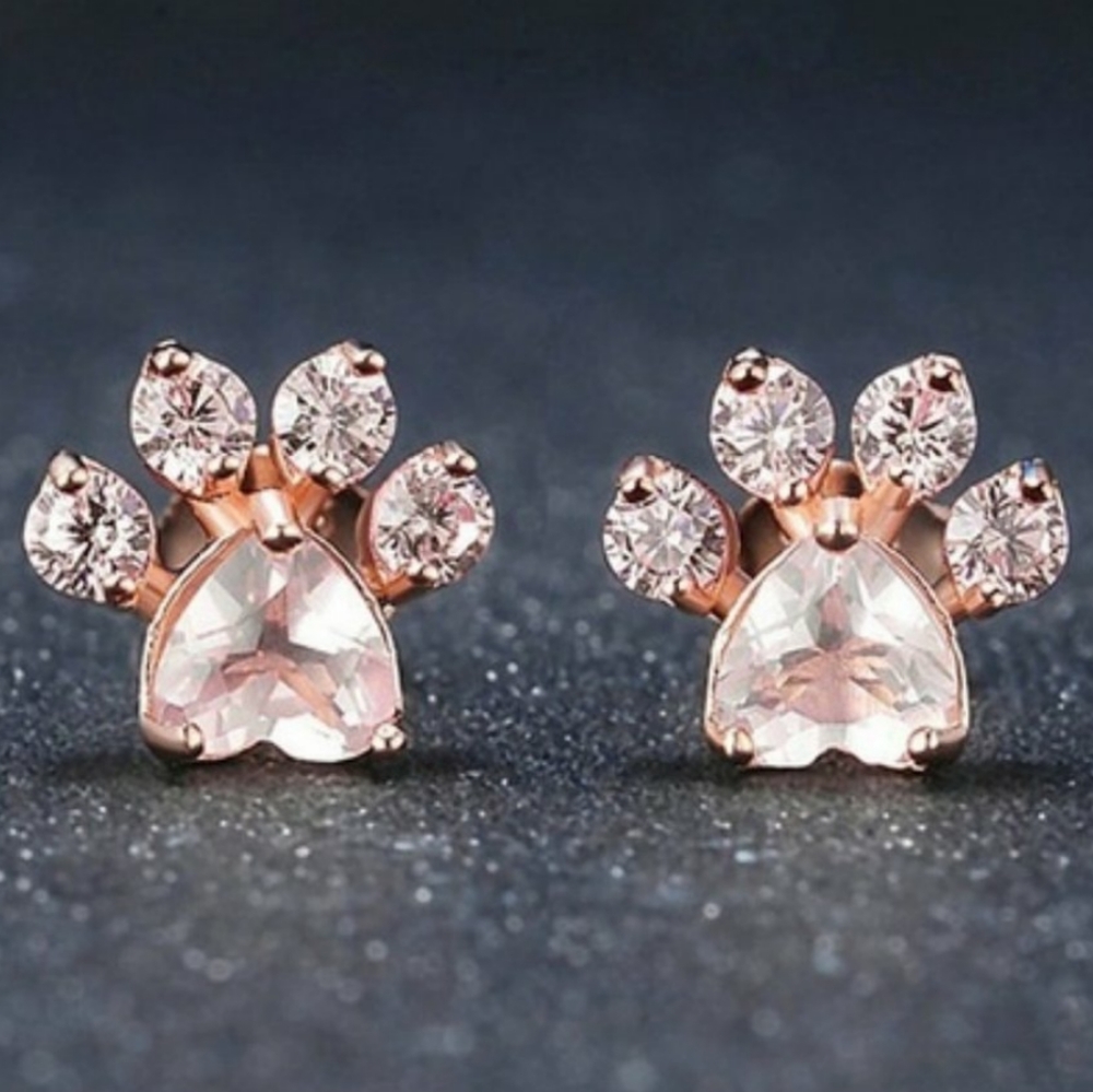 NEW 18k Rose Gold Pink Diamond Paw Print Earrings